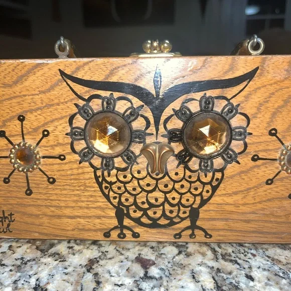 Enid Collin’s • Vintage • 1960’s • Wooden Box Bag • Night Owl • Beaded - Picture 5 of 14